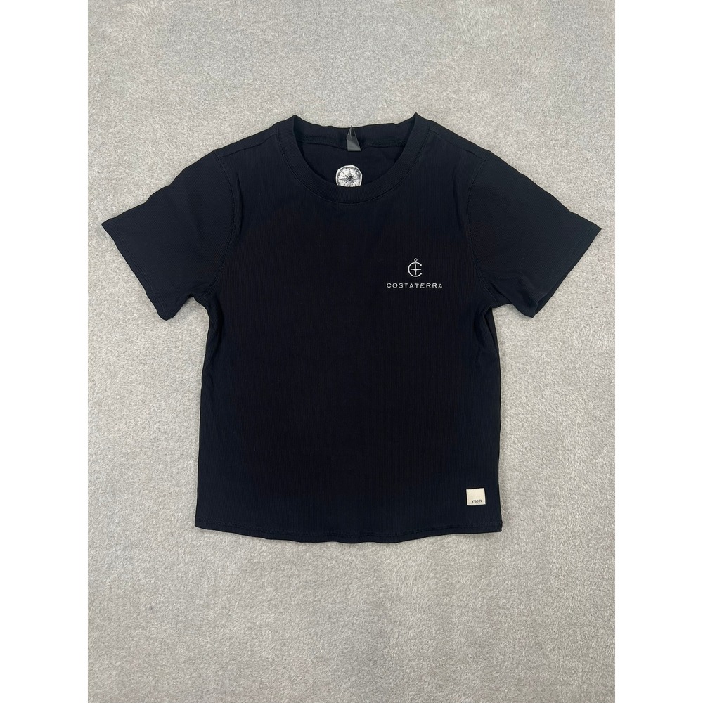 Vuori CostaTerra Ribbed Short Sleeve Tee Black Womens Small Medium Crew Neck